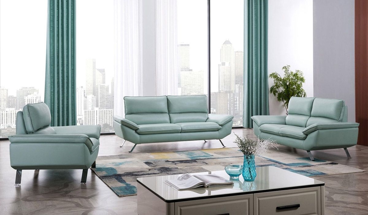Leather Sofa Set Teal Splayed Metal Legs Lounge