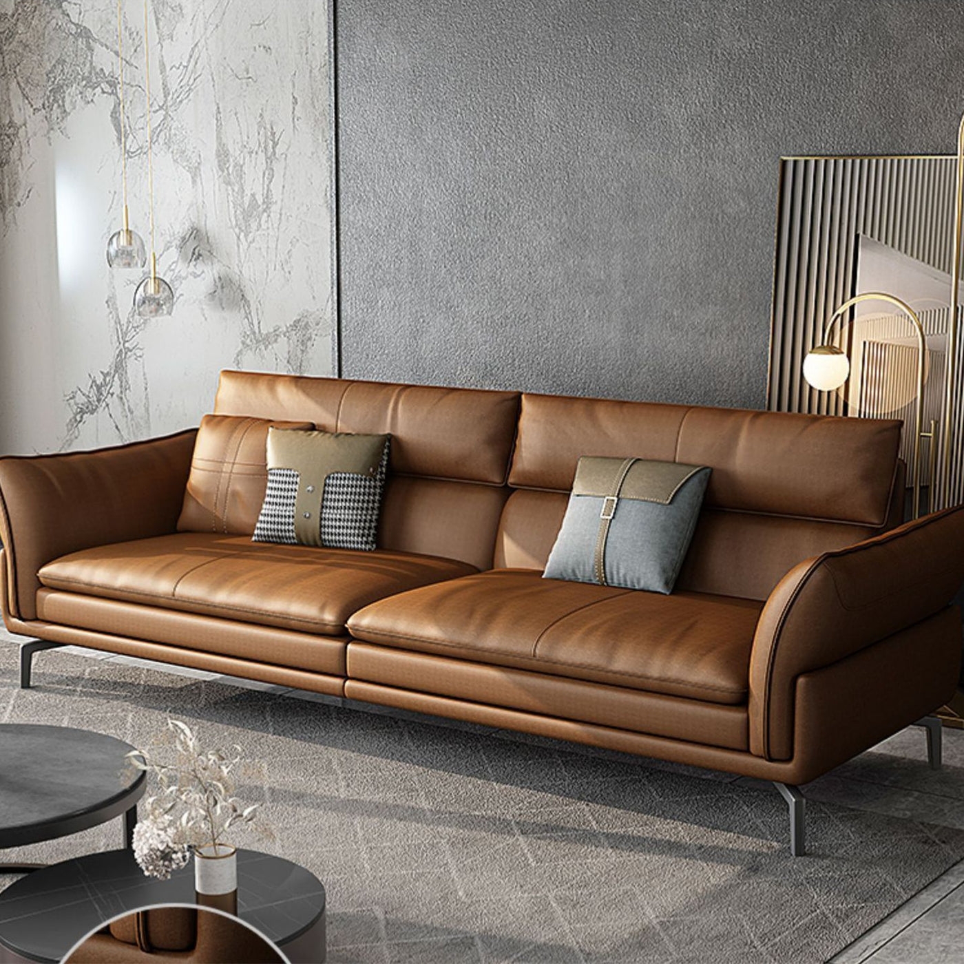 Leather Sofa with Buckled Pillows and Flared Arms