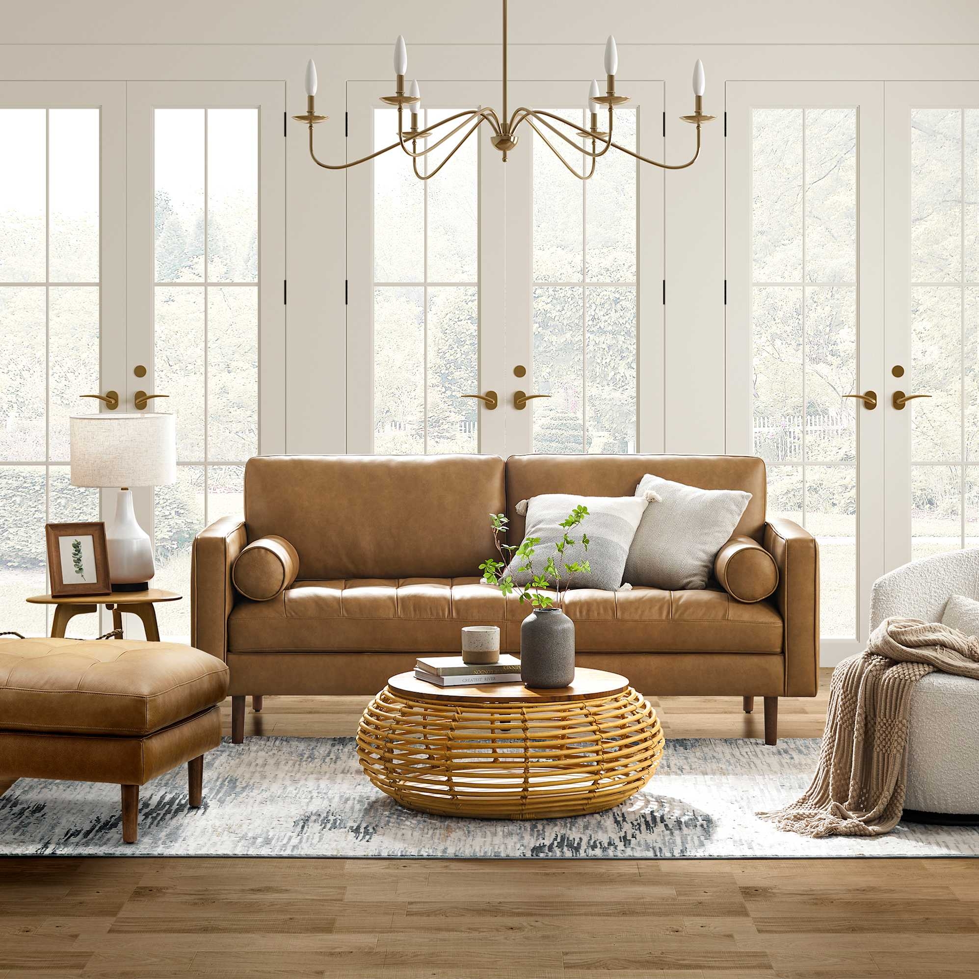 Leather Sofa with Channel Tufted Seat and Warm Tan Finish