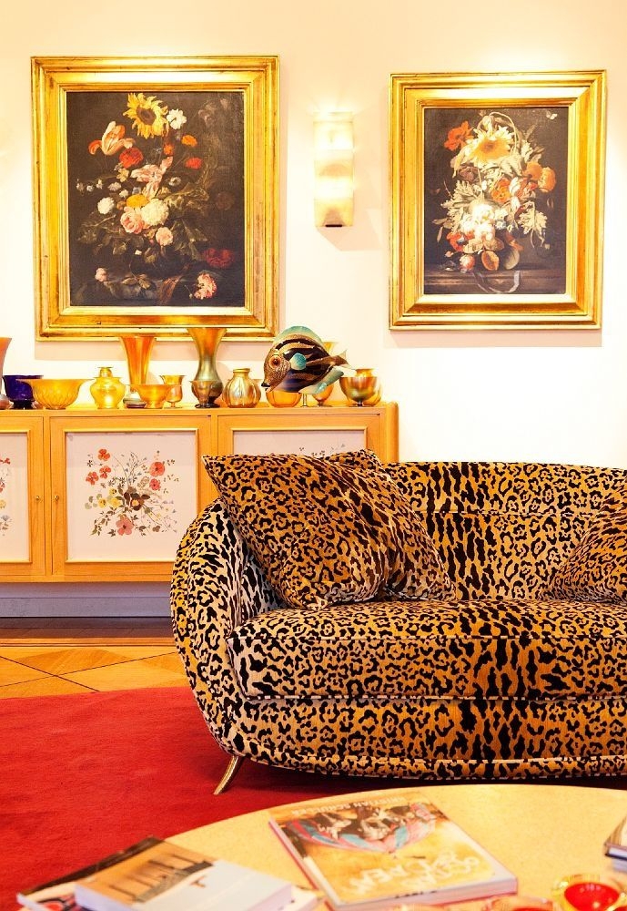 Leopard Sofa in Velvet with Golden Tapered Legs and Eclectic Style