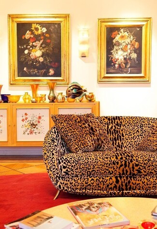Leopard Sofa in Velvet with Golden Tapered Legs and Eclectic Style