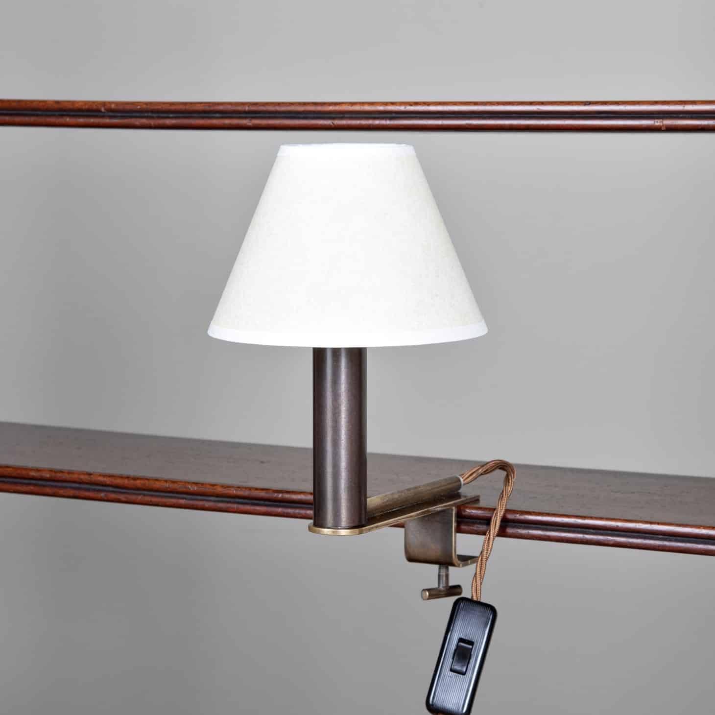 Library Light with Clamp On Base and Antique Bronze Shelf Mount