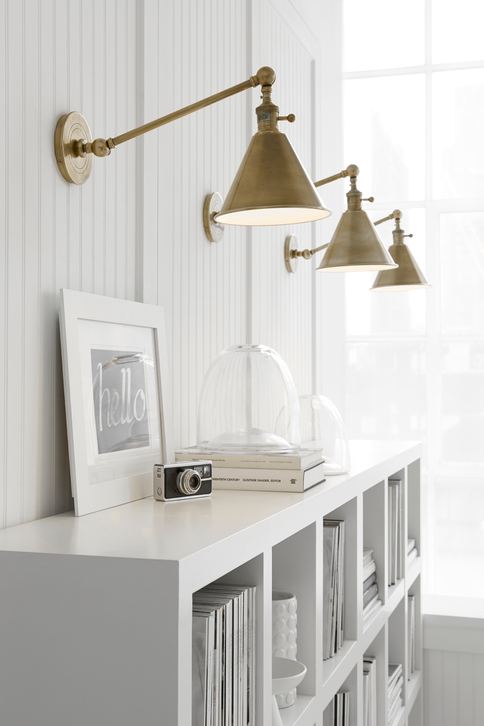 Library Light with Single Arm Swing and White Bookcase Styling