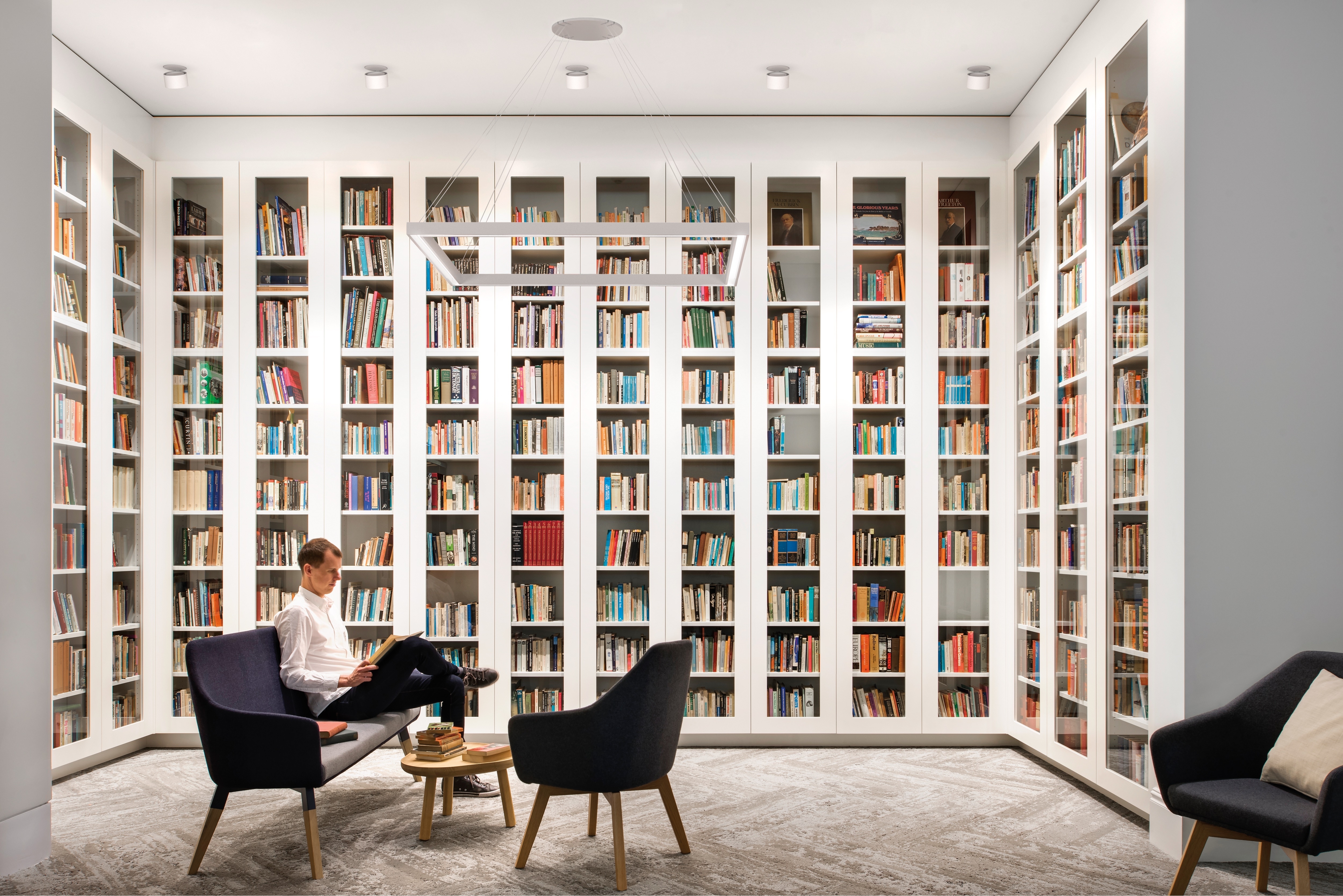 Library Nook with Square LED Frame and Modern Office Style