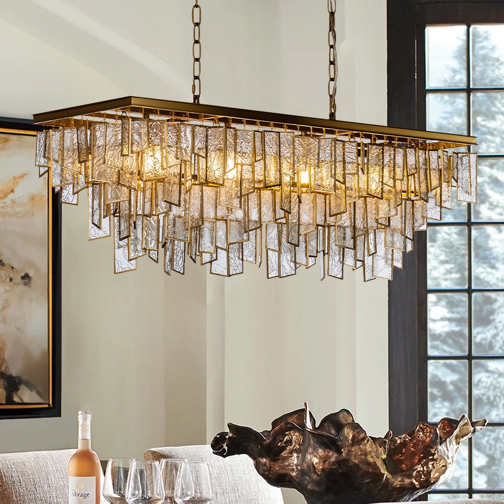 Linear Chandelier Water Glass Fringe Warm Amber Finish