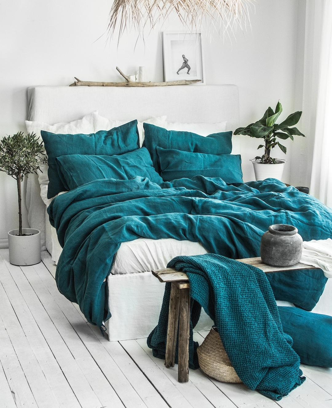 Linen Bedding Set Teal Blue Waffle Texture Rustic Style