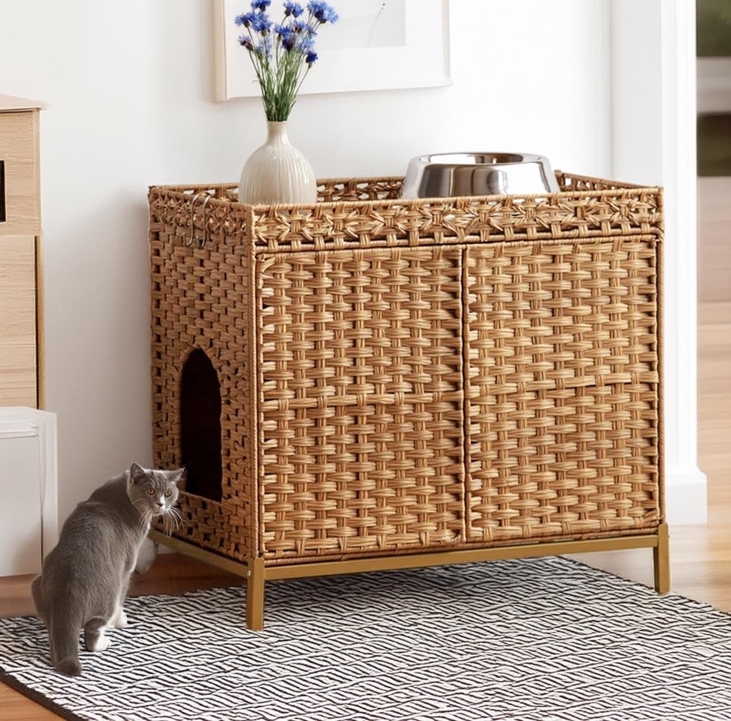 Litter Box Enclosure With Woven Rattan Texture Panels