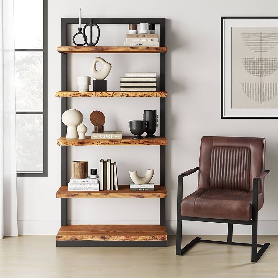 Live Edge Bookcase Acacia Wood Shelves Matte Black Frame