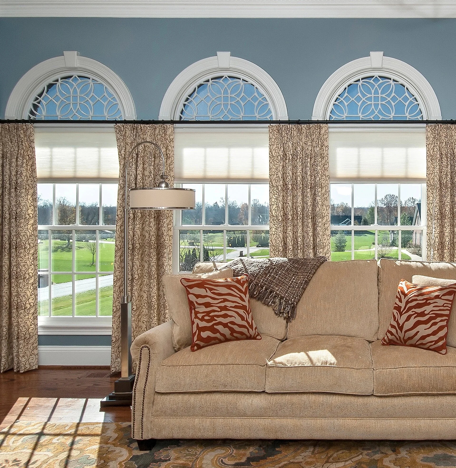 Living Room Arched Transom Windows Slate Blue Treatment