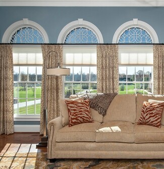 Living Room Arched Transom Windows Slate Blue Treatment