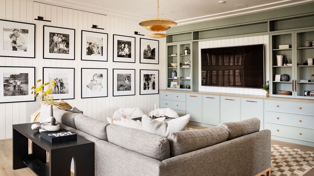 Living Room Built In with Grid Gallery and Sage Green Cabinets