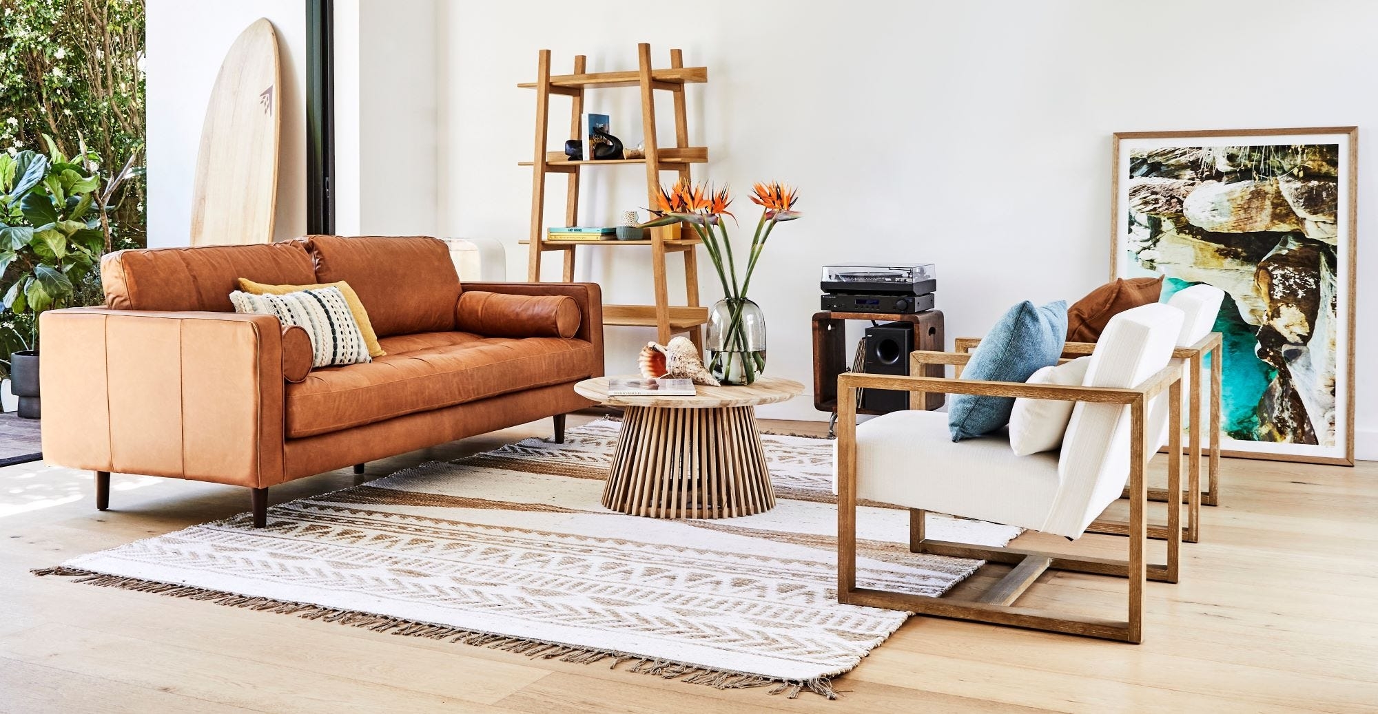 Living Room Concept with Cognac Leather Sofa and Slatted Table