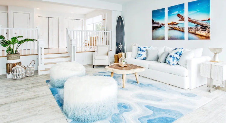 Living Room Design with Ombre Gradient Blue Wave Area Rug