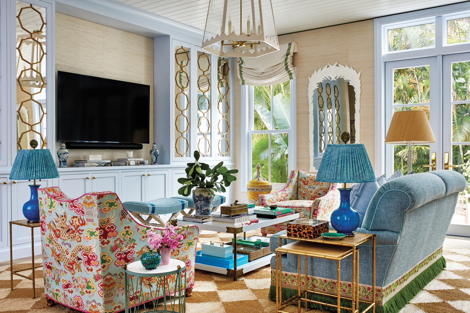 Living Room Dragon Print Upholstery and Palm Beach regency style