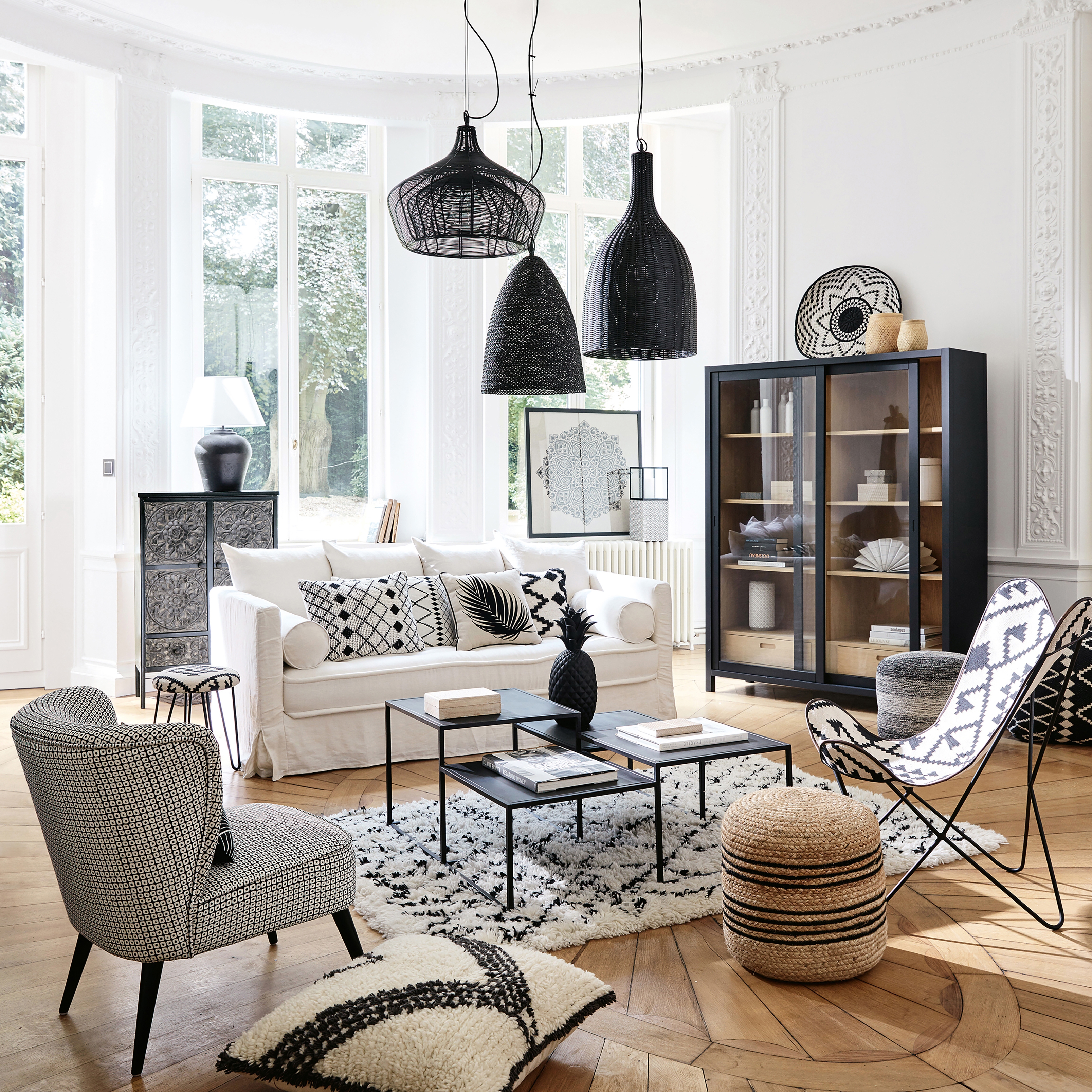 Living Room Oversized Pendant Lights and coastal bohemian decor