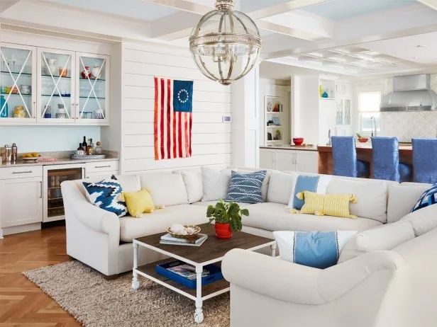 Living Room Sectional Betsy Ross Flag and shiplap wall ideas