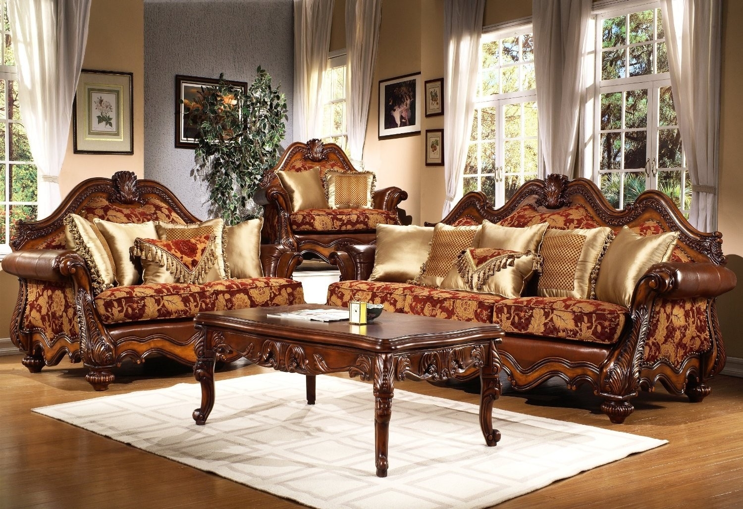 Living Room Set Accented with Shell Motif and Burgundy Damask