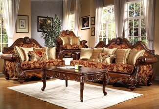 Living Room Set Accented with Shell Motif and Burgundy Damask