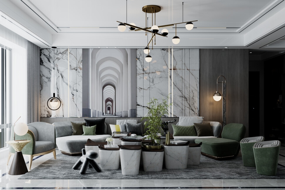 Living Room Set Architectural Mural and Marble Block Tables