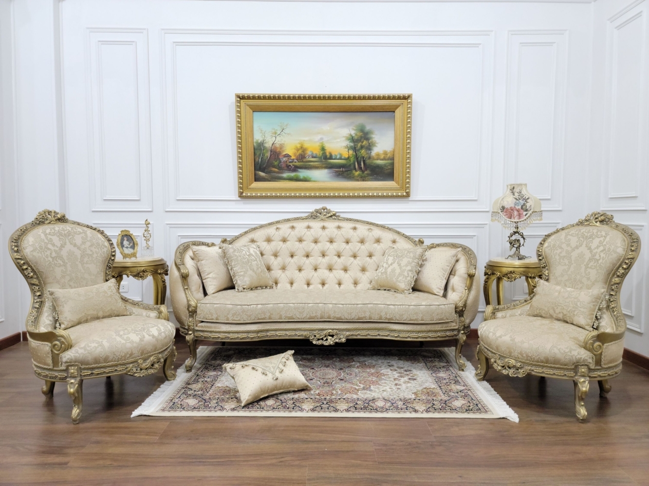 Living Room Set Boasting 24k Gold Leaf and Damask Silk Fabric