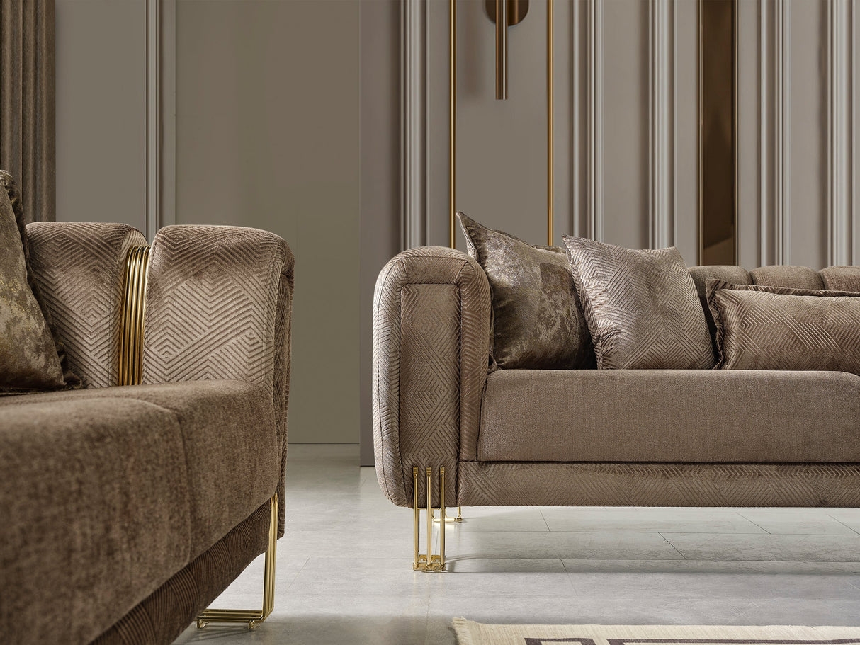 Living Room Set: Coffee Velvet and Geometric Quilted Pattern