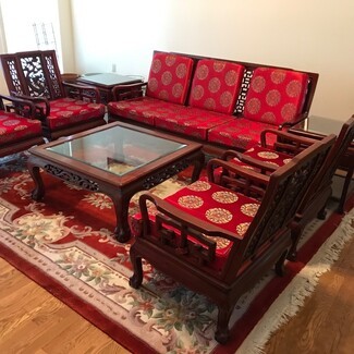 Living Room Set Containing Crimson Patterned Upholstery and Glass