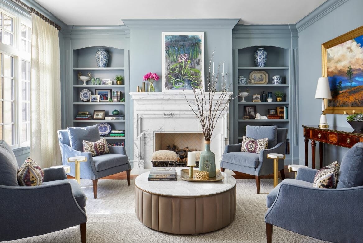 Living Room Set Designed with Dusty Blue Palette and Fluted Base