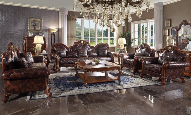 Living Room Set Featuring Diamond Stitching and Scrolled Crown