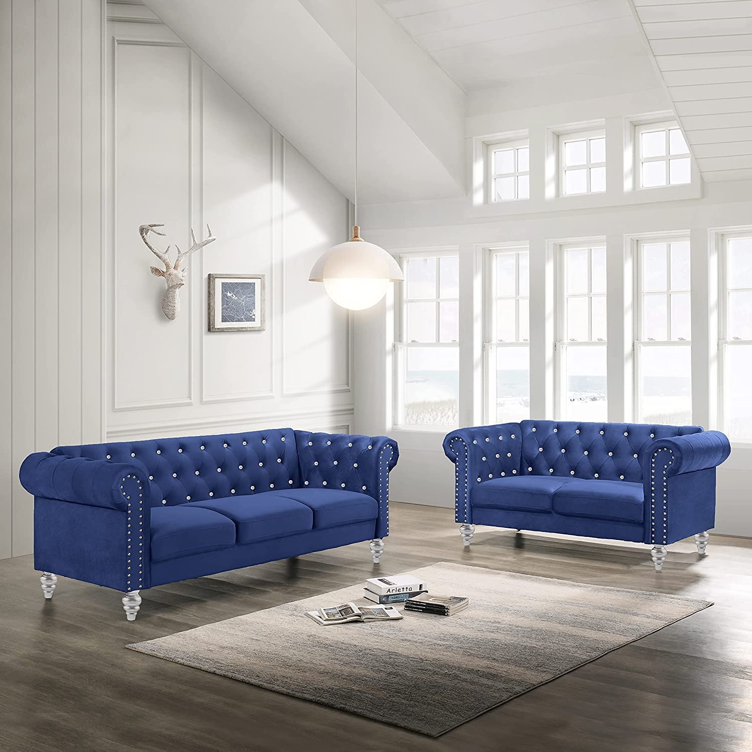 Living Room Set featuring Royal Blue Velvet and Clear Legs
