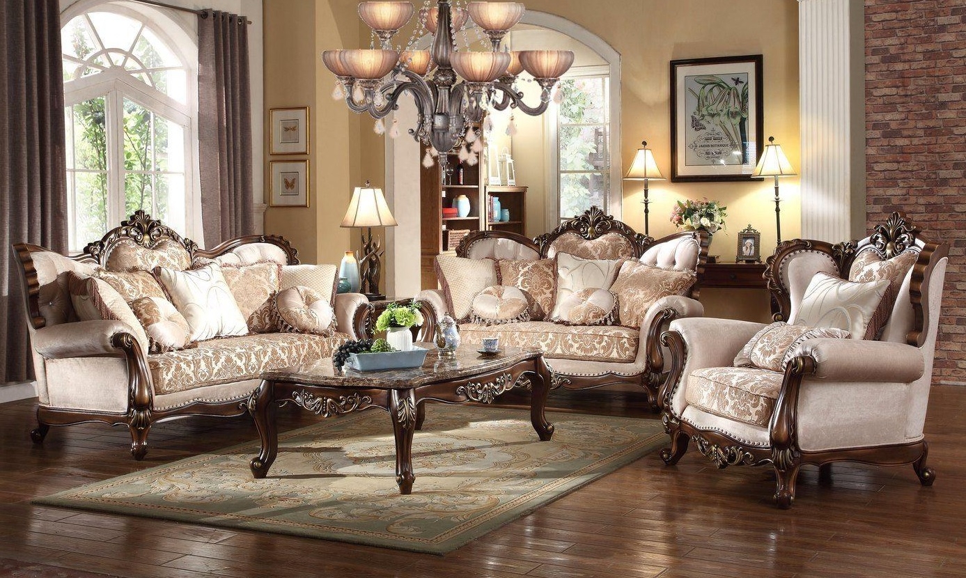 Living Room Set in Beige Gold Chenille and Carved Wood Frames