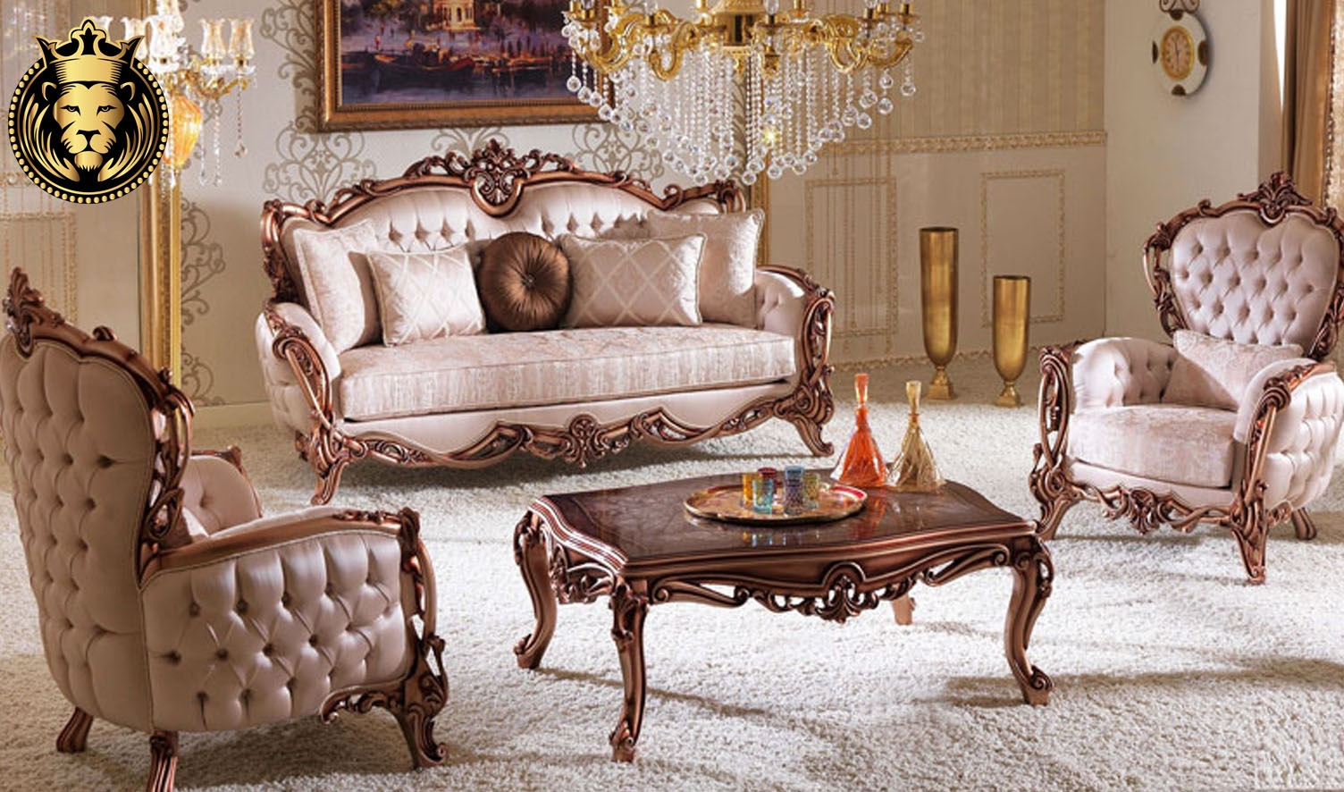 Living Room Set Incorporating Champagne Pink and Button Tufting