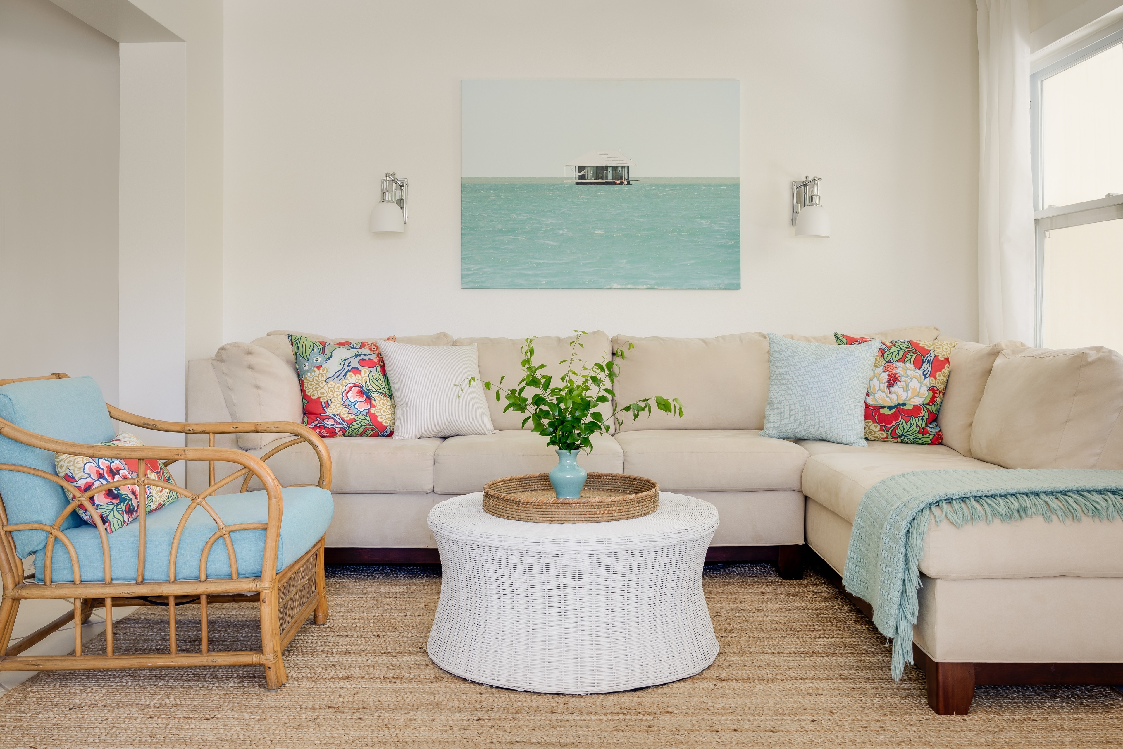 Living Room Set Rattan Armchair and white wicker coffee table