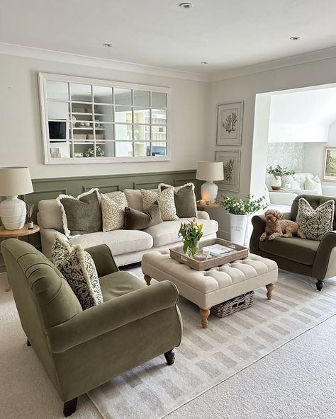 Living Room Set: Sage Green Wainscoting and Tufted Ottoman