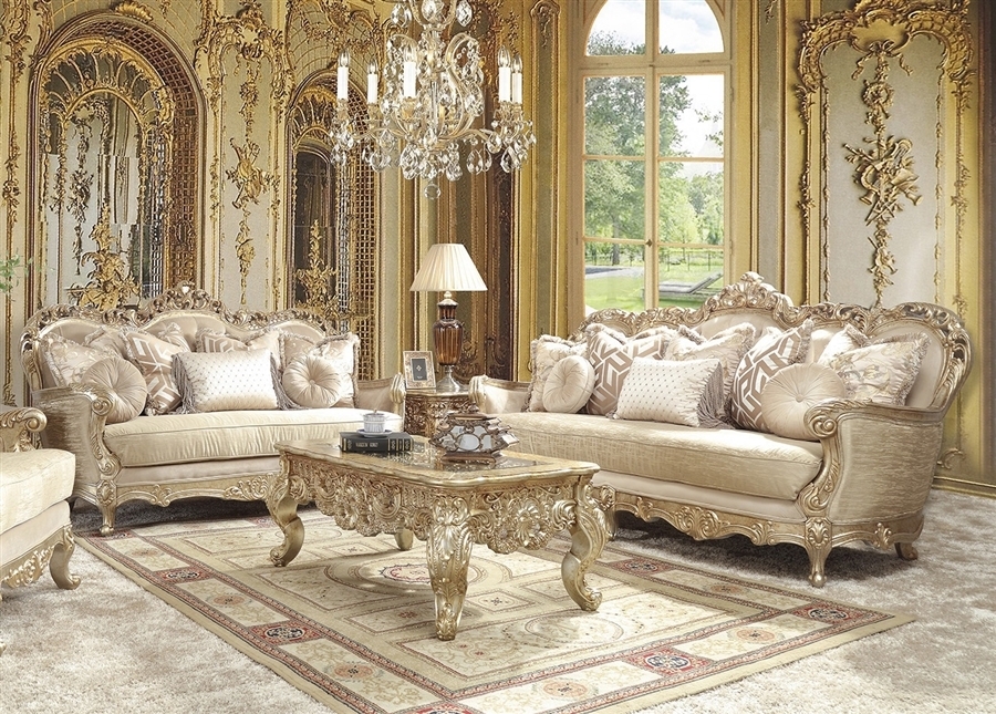 Living Room Set Showcasing Champagne Upholstery and Gold Frames