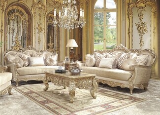 Living Room Set Showcasing Champagne Upholstery and Gold Frames