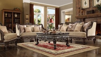 Living Room Set Styled with Antique Brown Finish and Luxury Fabric