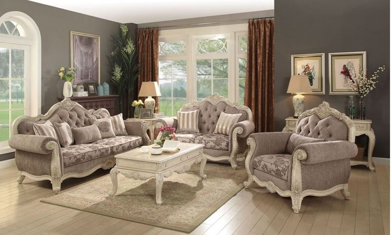 Living Room Set Utilizing Antique White Carving and Floral Damask