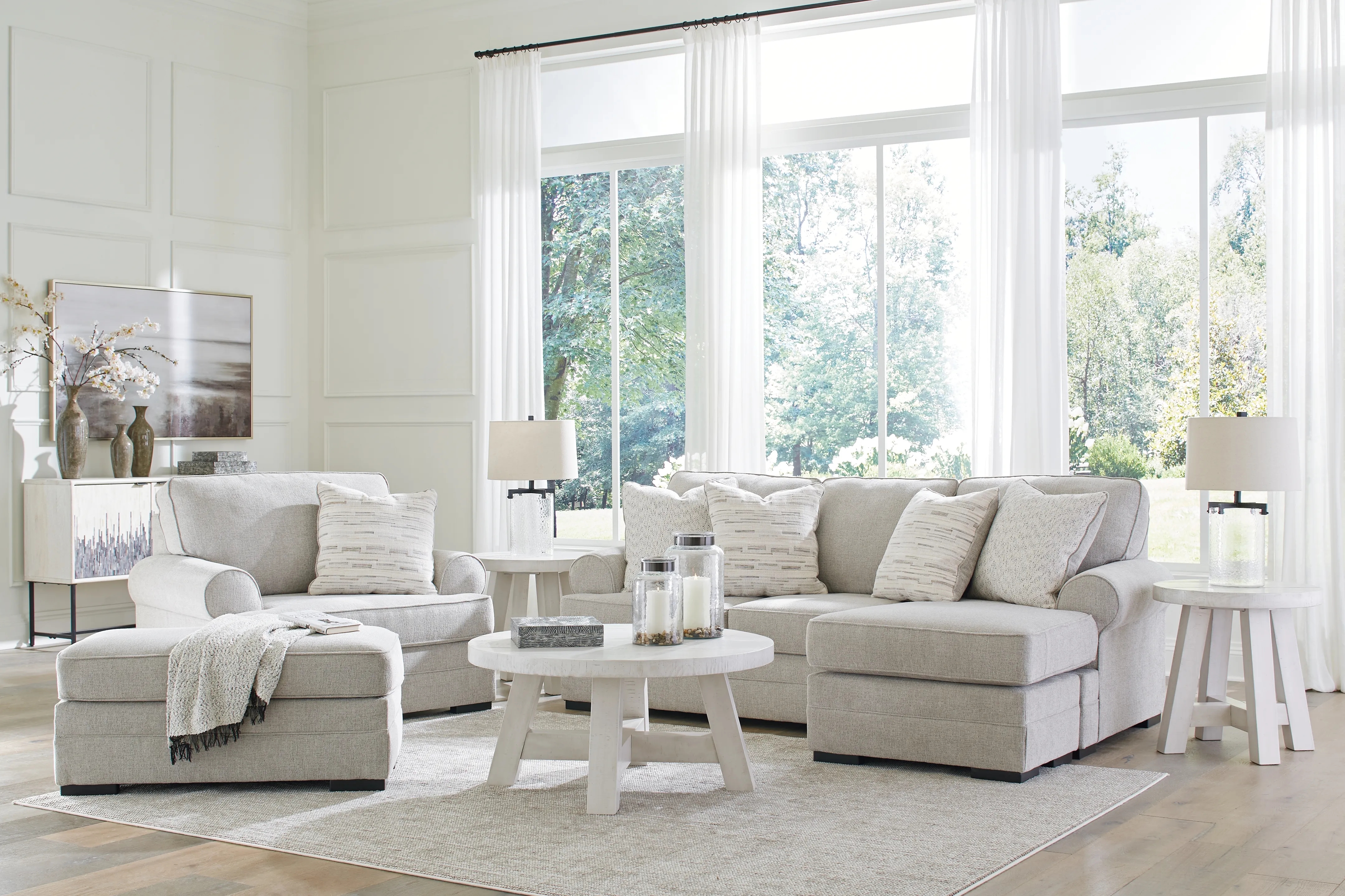 Living Room Set Whitewashed Tables oatmeal fabric sofa chaise
