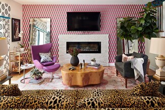 Living Room Set with 3D Cube Wallpaper and Barbiecore Interior