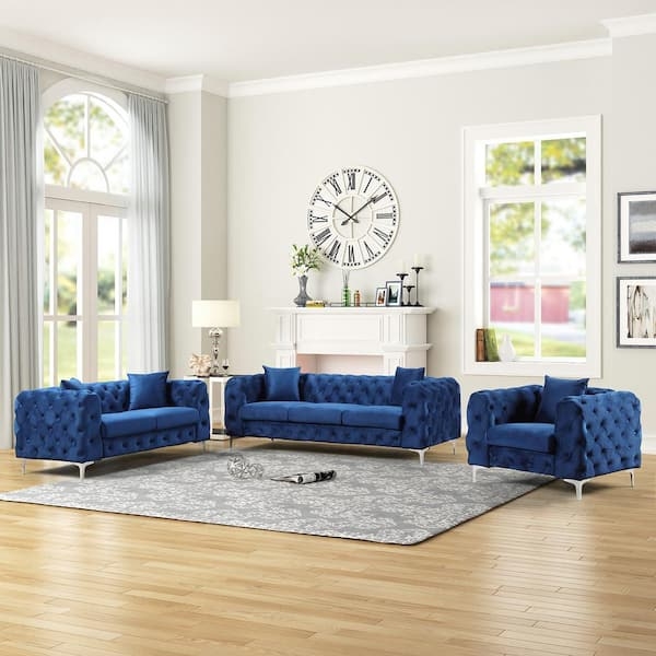 Living Room Set with All Over Tufting in Royal Blue