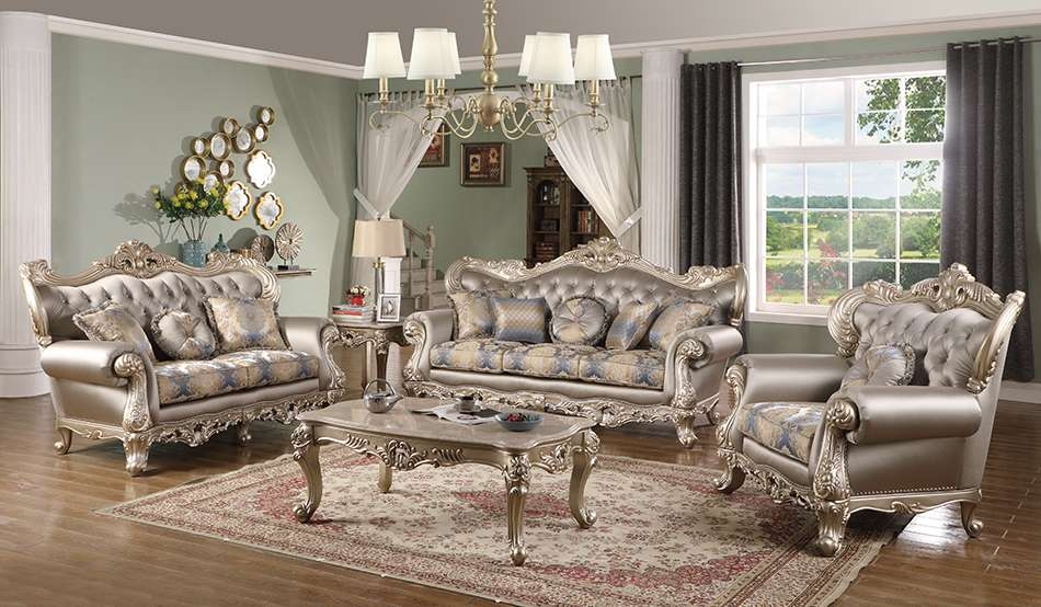 Living Room Set with Antique Gold Finish and Scrolled Arms