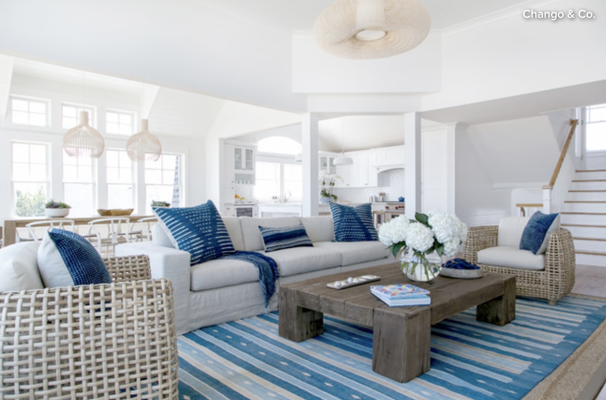 Living Room Set with Chunky Rattan Texture Blue Striped Area Rug