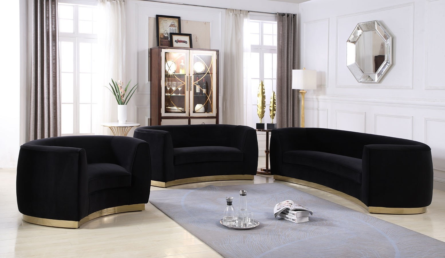 Living Room Set with Crescent Silhouette and Gold Plinth