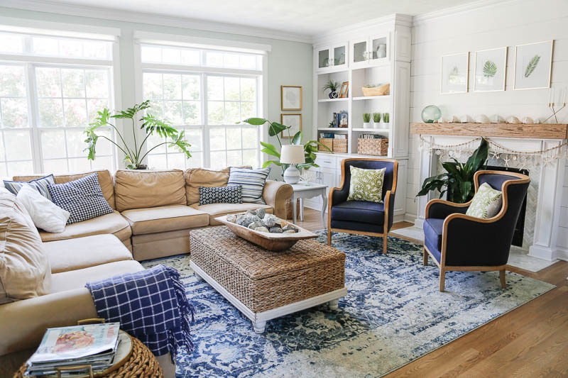 Living Room Set Woven Coffee Table and navy and beige interiors