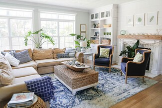 Living Room Set Woven Coffee Table and navy and beige interiors