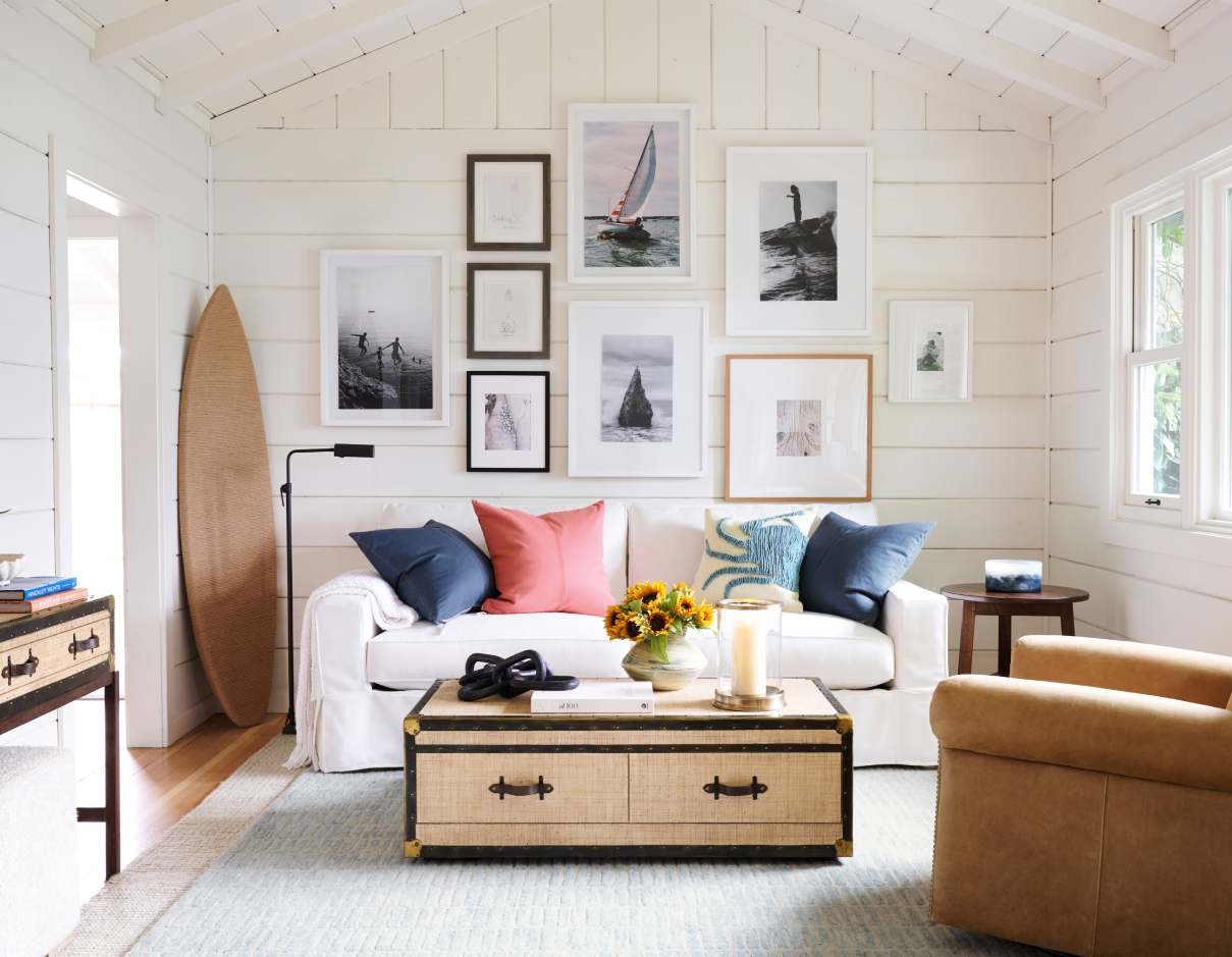 Living Room Trunk Coffee Table and white shiplap walls decor