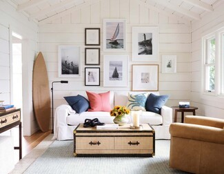 Living Room Trunk Coffee Table and white shiplap walls decor