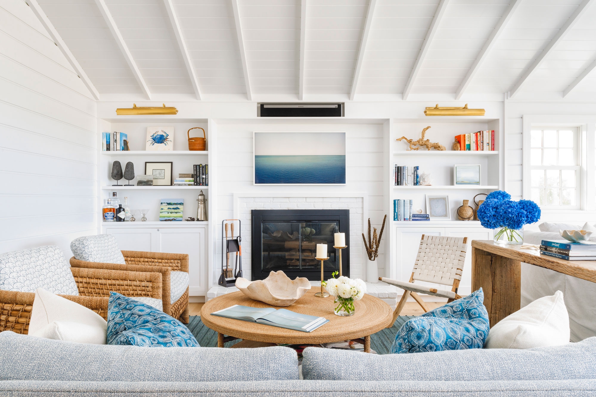 Living Room Woven Rattan Chairs and Nantucket style fireplace