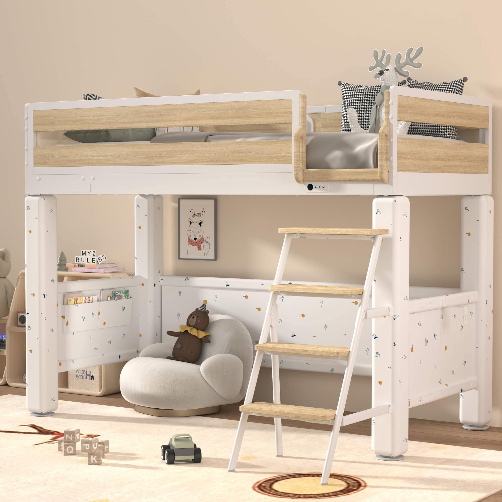Loft Bed: Adjustable Height and Padded Structural Legs