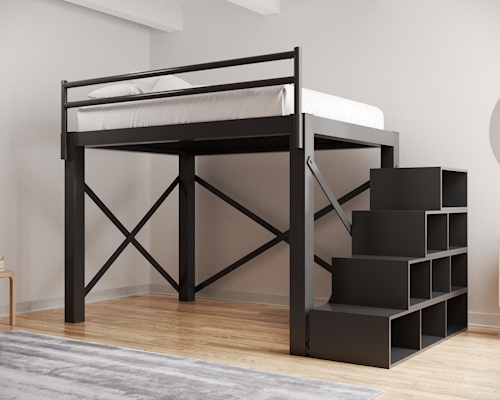 Loft Bed Charcoal Gray with Integrated Staircase Storage